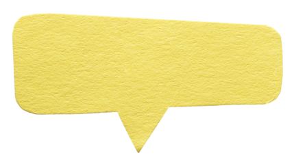 Yellow blank cut out cardboard paper speech bubble with round rounded corners rough edges, copy space for text on transparent png background design element