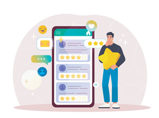 Man leaves feedback. Young guy with star in his hands near huge smartphone. Ranking and rating. Opinion of users on Internet, online review. Flat vector illustration