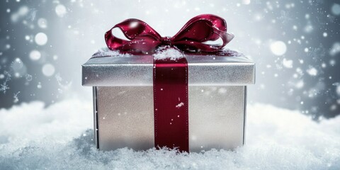 Silver ribboned gift box decorated with Crimson ribbo