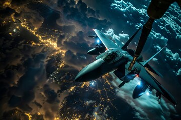 Obraz premium Aerial View of Military Jet During Nighttime Refueling Operation Above Cloudy Landscape with City Lights Below
