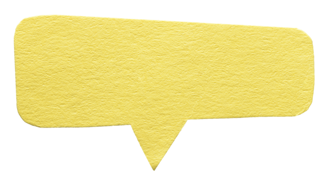 Yellow blank cut out cardboard paper speech bubble with round rounded corners rough edges, copy space for text on transparent png background design element