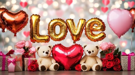 Love-themed display with balloons, bears, and roses.