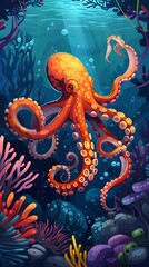 Fototapeta premium Octopus and beautiful underwater scenery, Underwater Scene with Incredible Commotion of an Octopus