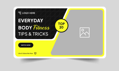 Daily workout plan tis and tricks video thumbnail banner design, everyday fitness techniques video cover banner design, fully customizable vector eps 10 file format