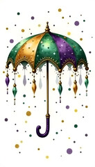 Whimsical Mardi Gras umbrella painted in rich jewel tones of green, purple and gold, abstract background filled with confetti