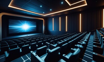 Obraz premium Modern cinema: empty auditorium with lights and screen sparkle