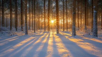 Serene Winter Woodland: Sunlit Evergreens, Golden Shadows, Enchanting Snowscape