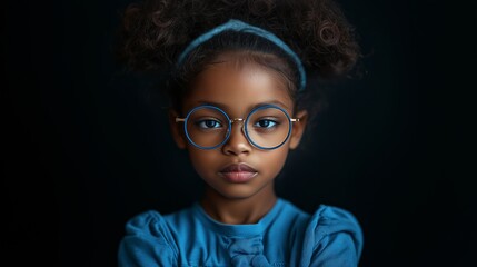 Portrait of African Descent Girl Wearing Glasses and Blue Outfit on Dark Background, Perfect for Educational Themes or Creative Portrait Art