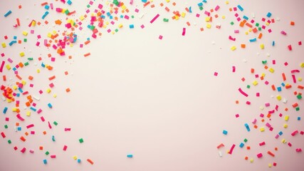 A festive background with a soft pink backdrop and a scattering of colorful confetti, creating a vibrant and celebratory atmosphere.