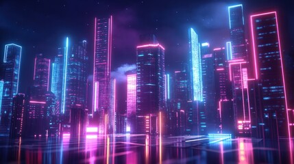 Fototapeta premium A futuristic city skyline illuminated by neon electric lights.