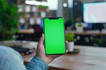 Close-up View of Person Holding Smartphone with Green Screen Display in Modern Office Environment, Perfect for App Design and Marketing Presentations