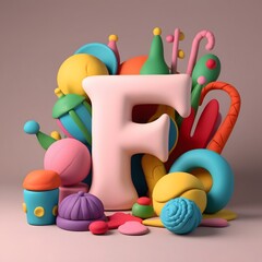 Obraz premium 3D Render of Letter 'F' Surrounded by Playful Colorful Objects with Stylized Clay Texture