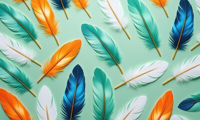 Colorful feathers pattern on mint green background for trendy design