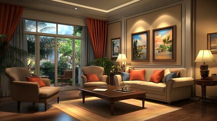 Elegant Tropical Living Room: 3D Render of a Luxurious Interior Design. AI Generated