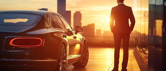 Fototapeta na wymiar Executive enjoys sunset view by luxury car.