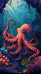 Fototapeta premium Octopus and beautiful underwater scenery, Underwater Scene with Incredible Commotion of an Octopus