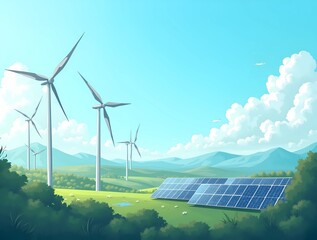 Landscape with wind turbines and solar panels on green hills illustration