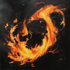 Black backdrop, swirling fire shapes, intense glowing flames, bold visual design.