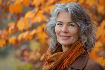 Naklejka premium Portrait of a happy caucasian woman in her 50s wearing a versatile buff over background of autumn leaves