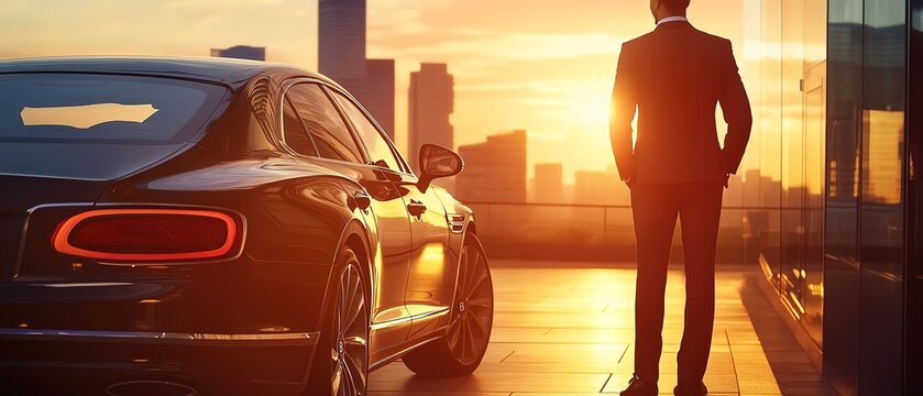 Executive enjoys sunset view by luxury car.