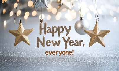 A photo of the text "Happy New Year, everyone!" with some golden star ornaments hanging on a silver background, creating a festive atmosphere.