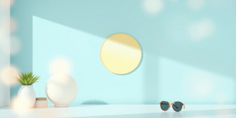 Minimalist Still Life with a Yellow Circle, a White Vase with a Green Plant, and Sunglasses on a White Surface Against a Light Blue Background with a Soft Bokeh Effect