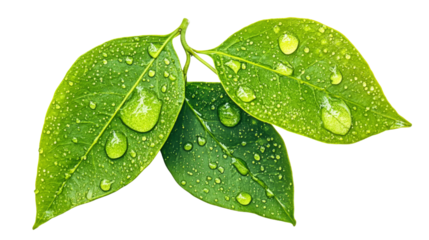 Green leaf with water drops transparent background