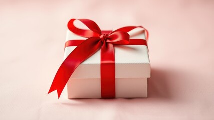 A white gift box with a bright red satin bow sits on a light pink background.