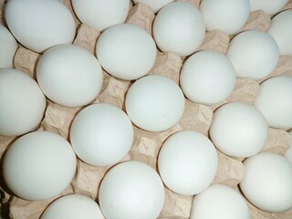 eggs in a basket raw chicken eggs in paper egg tray on white background. Group of Fresh white Eggs in a cardboard cassette. Organic food from nature good for health