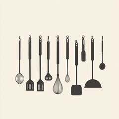 A collection of various kitchen utensils arranged neatly, perfect for any culinary design or cooking-themed project.