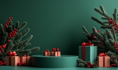 Minimal abstract background for Christmas and New Year display podium with green wall, mock-up stage in dark teal color decorated with pine tree branches,