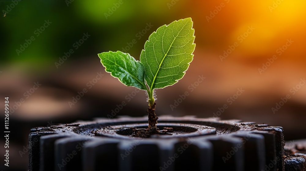 Canvas Prints A young green plant with vibrant leaves sprouts from a black gear, symbolizing growth and resilience in nature.