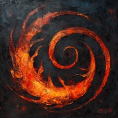Fiery cycle, swirling flames, dark background, modern abstract fire emblem.