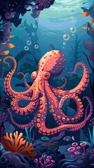 Obraz premium Octopus and beautiful underwater scenery, Underwater Scene with Incredible Commotion of an Octopus