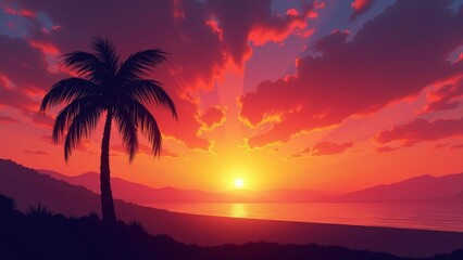 Silhouette of a solitary palm tree against a breathtaking vibrant sunset sky with colorful clouds