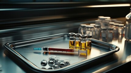 A realistic 3D rendering of a medical syringe and vials on a tray