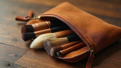 Stylish unzipped suede pouch showcasing collection of professional makeup brushes