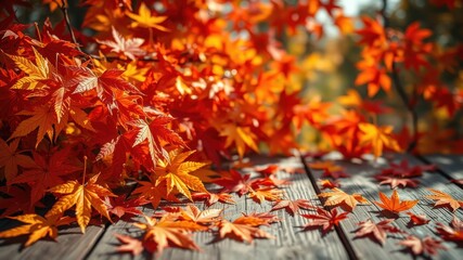 Autumnal Leaves Cascade Onto a Weathered Wooden Surface, Creating a Tapestry of Warm Colors and Natural Beauty.