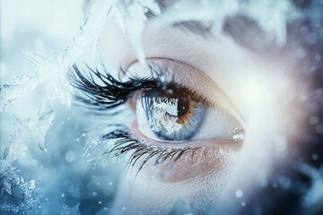 A close up of a woman's eye covered in snow