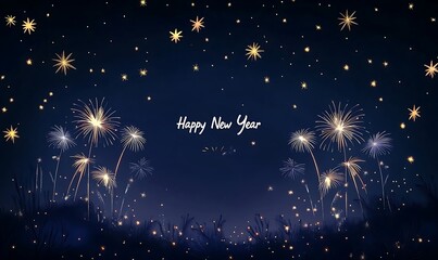 Happy New Year card design with fireworks on a dark blue background, text "Happy New Year," illustration in the style of vector art.