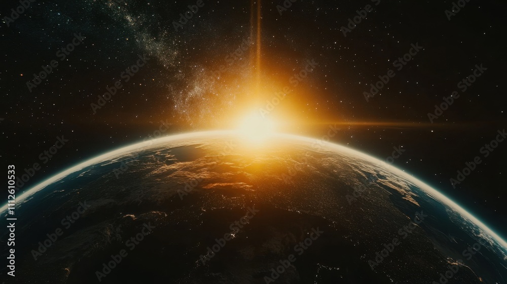 Wall mural planet earth rotating in space with sun shining from behind with sunrise behind the planet, backgrou