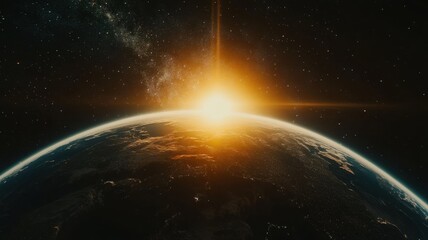 Planet earth rotating in space with sun shining from behind with sunrise behind the planet, background showcase continents and a starry sky