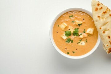 bowl of Indian paneer curry in creamy milk-based gravy, paired with freshly baked naan bread on the side. This vibrant dish celebrates dairy delicacies, honors National and World Milk Day. Copy Space