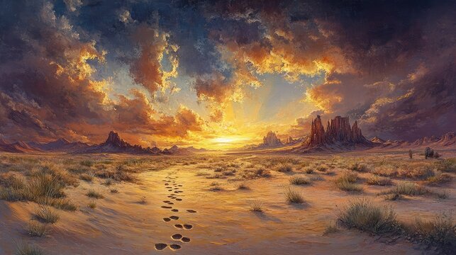 A serene desert scene with footprints leading to a distant oasis