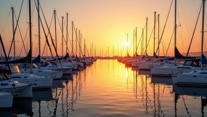 Fototapeta premium Serene marina with moored sailboats reflecting warm sunset hues in calm water, perfect for romantic getaways