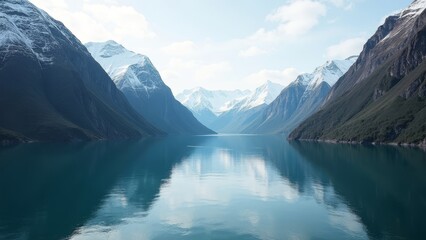 Obraz premium Majestic fjord view featuring towering cliffs and clear blue-green waters with a peaceful atmosphere