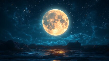 Night landscape with a large, bright full moon over dark, rocky terrain and calm water.