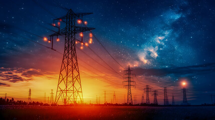Fototapeta premium Majestic Night Sky Above Electric Power Lines with Stars and Milky Way Overhead at Dusk in a Rural Setting