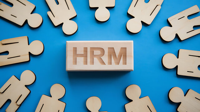HRM: Human Resources Management, Employee Engagement, Recruitment, and Organizational Growth, human resources management concept. Wooden figures on the blue background, hrm copy space, hrm background