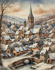 vintage watercolor style painting of a snow covered rural winter scene with a small town with medieval houses and a bridge